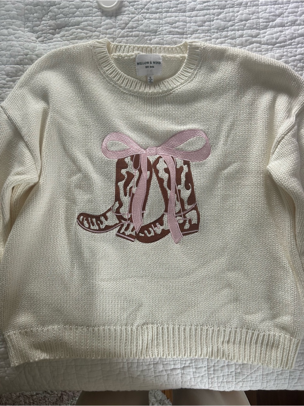 Cream Knit Sweater with Pink Bow Boot Graphic